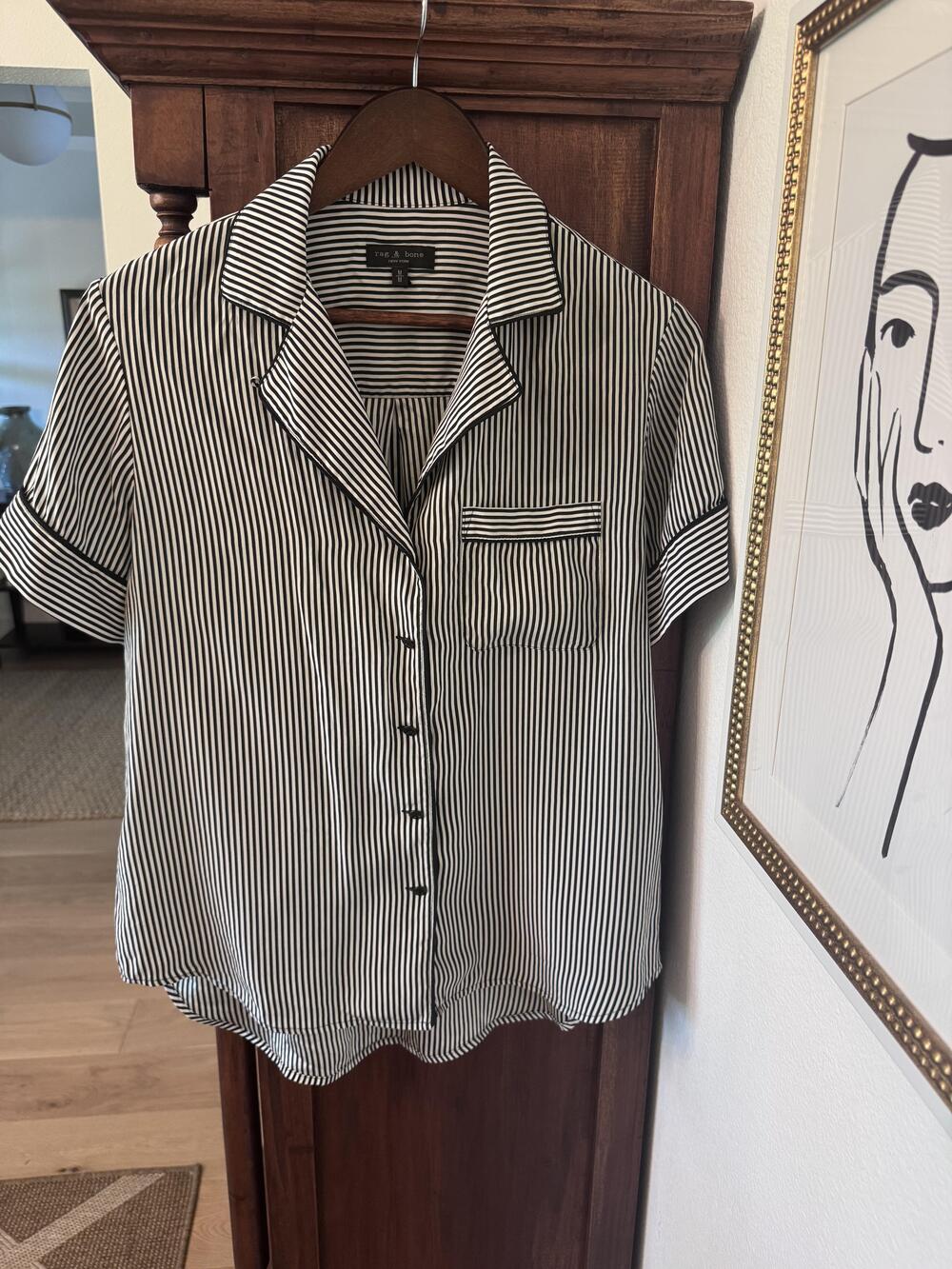 Rag & Bone Shirt Womens Medium Black White Stripe Silk Short Sleeve Button Up